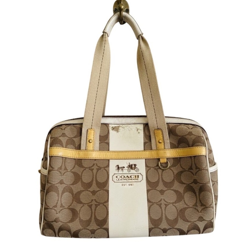 Coach Heritage Stripe Satchel Brown Monogram Canvas Shoulder Bag K0769-11355